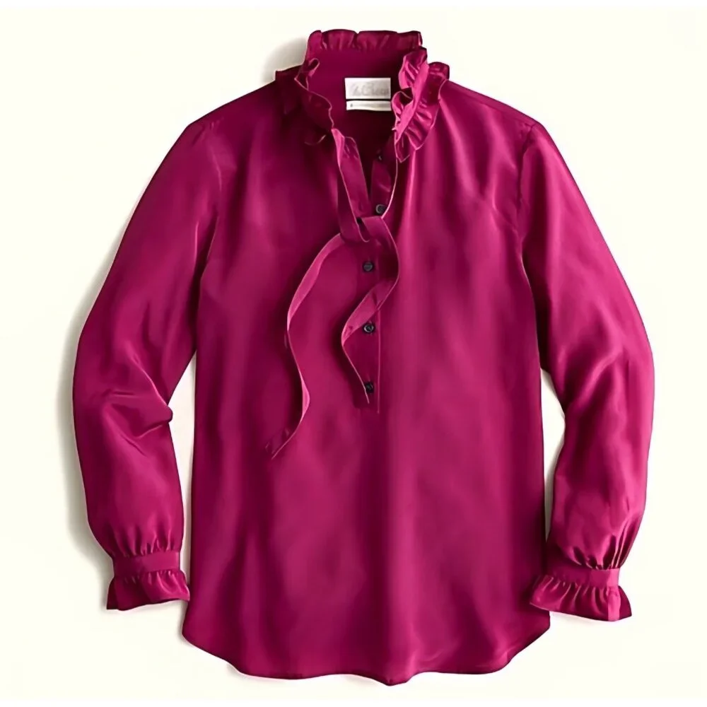 J.Crew - S Women’s Classic-Fit Ruffleneck Silk Popover‎ Blouse in Fuchsia